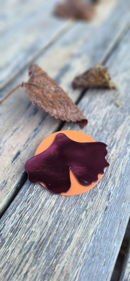 Broche Gingko - orange & bordeaux irisé